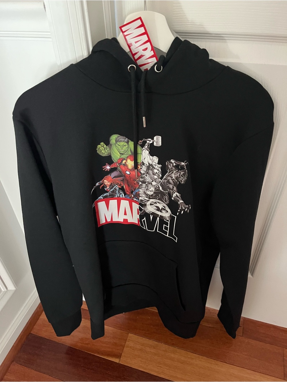Primark Black Marvel Graphic Hoodie with Multicolor Superhero Print